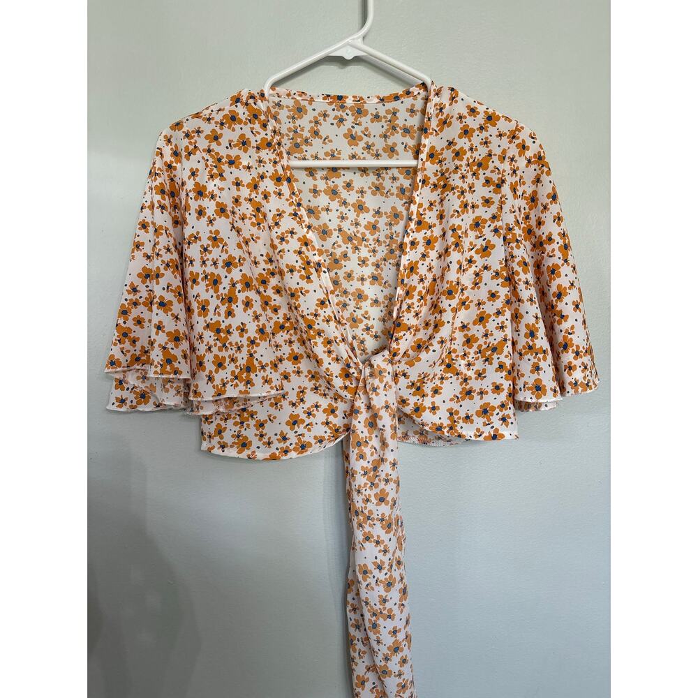 Joress Floral Tie Front Crop Top Small White Orange Blue Flutter Sleeve